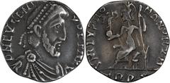 Roman Coins Eugenius. Siliqua; Eugenius; 392-394 AD, Trier, Siliqua, 1.33g. RIC-106d (S), C-14 (20 Fr.). Obv: D N EVGENI - VS P F AVG Pearl-diademed, draped, cuirassed bust r., seen from front. Rx: VI