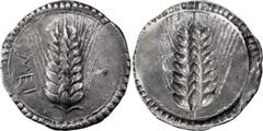 Greek Lucania, Metapontum. Stater; Lucania, Metapontum; 530-510 BC, Stater, 8.24g. Noe-25 (same dies), cf. Sear-235. Obv: Eight-grained barley ear, with a pair of small folioles at its base; MET downw