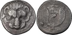 Greek Bruttium, Rhegium. Achaean League Hemidrachm, ex BCD; Bruttium, Rhegium; 415/0-387 BC, Hemidrachm, 1.30g. Cf. Herzfelder, Rhegium-pl. XI, Iß. Obv: Lion's scalp facing. Rx: PH within two-leaved o