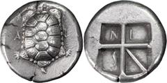 Greek Attica, Aegina. Stater; Attica, Aegina; 404-340 BC, Stater, 12.21g. Milbank-6, Period VII, Pl III. Obv: Land Turtle, A - I. Rx: Incuse square divided into five compartments, three of which conta