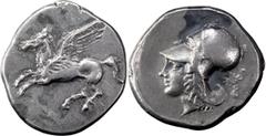 Greek Corinthia, Corinth. Stater; Corinthia, Corinth; 4th Period, 405-345 BC, Stater, 8.57g. Calciati-111. Obv: Pegasus flying l. Rx: Head of Athena l., palmette behind.. VF