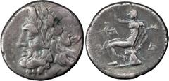 Greek Arcadia, Megalopolis. Triobol; Arcadia, Megalopolis; Arcadian League, c. 175-168 BC, Triobol, 2.37g. BCD-1547.4. Obv: Laureate head of Zeus l. Rx: Youthful Pan, nude, seated l. on rock, r. hand 