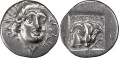Greek Caria, Rhodes. Achaean League Hemidrachm, ex BCD; Caria, Rhodes; c. 170-150 BC, Hemidrachm, 1.37g. Jenkins-44, SNG Keckman-654. Obv: Facing radiate head of Helios. Rx: Rose with bud to r.; APTEM