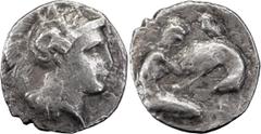 Greek Calabria, Tarentum. Alexandria Diobol; Calabria, Tarentum; 380-334 BC, Diobol, 0.89g. Vlasto-1323. Obv: Head of Athena r. wearing crested helmet, on which Scylla. Rx: Herakles kneeling r. grappl