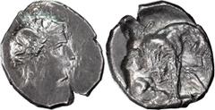 Greek Calabria, Taras. Alexandria Diobol; Calabria, Taras; 4th cent. BC, Diobol, 1.36g. Sear-351 var. Obv: Head of Athena r. wearing crested helmet decorated with Scylla. Rx: Herakles naked, stranglin