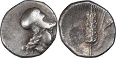 Greek Lucania, Metapontum. Alexandria Diobol; Lucania, Metapontum; 350-330 BC, Diobol, 1.11g. Noe, Johnson-Class D, 21b1, 123. Obv: Head of Athena r. wearing Corinthian helmet. Rx: Ear of barley uprig
