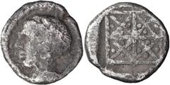 Greek Uncertain mint in Thrace or Macedonia. Archaic Tetartemorion; Uncertain mint in Thrace or Macedonia; c. 500-400 BC, Tetartemorion, 0.26g. SNG ANS-1007. Obv: Head of Apollo l. Rx: Four-part squar