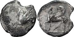 Greek Acarnania, Leucas. Alexandria Diobol; Acarnania, Leucas; c. 430-400 BC, Diobol, 0.63g. BMC-p. 136, 130 pl. XXXVII, 11. Obv: Pegasos flying l.; beneath, ?. Rx: Pegasos walking l.; beneath, ?.. VF