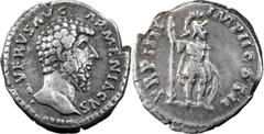 Roman Lucius Verus. Denarius; Lucius Verus; 161-169 AD, Rome, 164 AD, Denarius, 3.51g. BM-282, C-229, RIC-515. Obv: L VERVS AVG - ARMENIACVS Head bare r. Rx: TR P IIII - IMP II COS II Mars standing r.