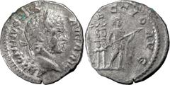 Roman Caracalla. Denarius; Caracalla; 198-217 AD, Rome, 212-3 AD, Denarius, 3.01g. BM-97, C-508 (10 Fr.), RIC-225. Obv: with title BRIT. Rx: [PRO]FECTIO AVG Caracalla standing r. holding spear in both