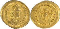 Gold Coins Justin I. Tremissis; Justin I; 518-527 AD. Constantinople, Tremissis, 1.47g. Berk-40, MIB-5, Sear-58. Obv: D N IVSTI - NVS P F AVI Pearl-diademed, draped, cuirassed bust r., seen from front