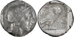 Greek Coins Attica, Athens. Tetradrachm; Attica, Athens; c. 430 BC, Tetradrachm, 17.16g. Obv: Helmeted head of Athena r. Rx: Owl standing r., head front, crescent and olive twig with two leaves behind