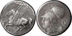 Greek Coins Corinthia, Corinth. Stater; Corinthia, Corinth; 330-300 BC, Stater, 8.45g. Calciati-419. Obv: Pegasus, with pointed wing, flying l.; koppa beneath. Rx: Helmeted head of Athena l., dove fly