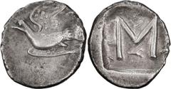 Greek Coins Peloponnesus, Sicyon. Triobol; Peloponnesus, Sicyon; c. 90s-60s BC, Triobol, 2.32g. Cf. BCD-341 (T above dove's tail); Sear-2777 var. Obv: Dove flying l., uncertain letter above tail. Rx: 