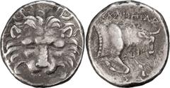 Greek Coins Ionia, Samos. Didrachm; Ionia, Samos; Magistrate Asklepiades, 310-300 BC, Didrachm, 6.22g. Barron-p. 214, 2b (this coin). Obv: Facing lion's scalp. Rx: Forepart of ox r. with dotted trunca