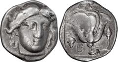 Greek Coins Caria, Rhodes. Didrachm; Caria, Rhodes; 394-304 BC, Didrachm, 6.75g. SNG Cop-728, SNG Aulock-2790, BM-27, Sear-5037. Obv: Head of Helios facing, slightly r., hair loose. Rx: [PO]?I[ON] abo