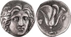 Greek Coins Caria, Rhodes. Didrachm; Caria, Rhodes; c. 304-275 BC, Didrachm, 6.73g. SNG Keckman-457. Obv: Head of Helios facing, slightly r. Rx: Rose; E - Y l. and r. of stalk, grapes to l. From the P