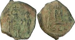 Roman Coins Constans II. Follis; Constans II; 641-668 AD. Syracuse, Follis, 2.08g. Berk-697, DO-181, Sear-1110. Obv: No legend, Constans, with long beard, and Constantine IV, beardless, standing facin