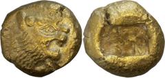 Ancient Gold Coins Kingdom of Lydia, Alyattes. ; Kingdom of Lydia, Alyattes; 610-561 BC. EL 1/3 Stater, 4.74g. BM-7, Sear-3398. Obv: Lion's head r. with radiate globule on forehead. Rx: Incuse. Ex HJB