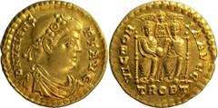 Ancient Gold Coins Valens. Solidus; Valens; 364-378 AD, Trier, 375-8 AD, Solidus, 4.45g. RIC-39a, mintmark 2 (Scarce). Rx: VICTORIA AVGG Two emperors enthroned facing, together holding globe, crowned 