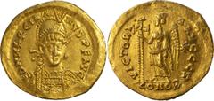 Ancient Gold Coins Marcian. Solidus; Marcian; 450-457 AD, Constantinople, Solidus, 4.39g. RIC-510, officina Z=7; Berk-23. Obv: D N MARCIA - NVS P F AVG Helmeted bust front holding spear and shield, di