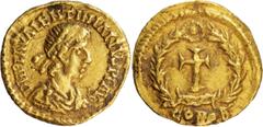Ancient Gold Coins Valentinian III. Tremissis; Valentinian III; 425-455 AD, Mint Ravenna, Rome, or non-imperial, Tremissis, 1.45g. RIC-pp. 372-3 or no. 3722. Obv: D N PLA VALENTINIANVS P F AVG Pearl-d