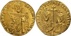 Ancient Gold Coins Basil I. Solidus; Basil I; 867-886 AD. Constantinople, c. 869-72 AD, Solidus, 4.39g. Berk-266, DO-2b, Sear-1704. Obv: +IhS XPS REX REGNANTIUM* Nimbate Christ enthroned facing, wears