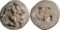 Ancient Greek Coins Emathian District, Lete. Alexandria Diobol; Emathian District, Lete; 530-480 BC, Diobol, 0.80g. BM-29. Obv: Naked satyr r., in kneeling/running attitude. Rx: Quadripartite incuse s