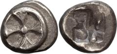 Ancient Greek Coins Attica, Athens, Wappenmünze Obol. ; Attica, Athens, Wappenmünze Obol; c. 545-515 BC, Obol, 0.73g. Svoronos-60 (same reverse die). Obv: Four-spoked wheel with lilies on spokes. Rx: 