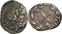 Ancient Greek Coins Achaia, Patrae. Achaean League Hemidrachm, ex BCD; Achaia, Patrae; c. 88-30 BC, Hemidrachm, 2.08g. BCD-508.4, BM-43. Obv: Laureate head of Zeus r. Rx: Large X, dolphin r. in bottom