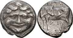 Ancient Greek Coins Mysia, Parium. Achaean League Hemidrachm, ex BCD; Mysia, Parium; 4th cent. BC, Hemidrachm, 2.37g. BM-38-9, SNG France-. Obv: Gorgoneion. Rx: Bull standing l., looking back; ?? abov