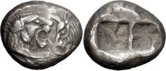 Ancient Greek Coins Lydia, Croesus Siglos. ; Lydia, Croesus Siglos; 565-546 BC. Under Achaemenids, Siglos, 5.33g. Berk-23. Obv: Foreparts of lion r. and bull l., face to face, the lion attacking with 