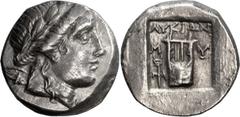 Ancient Greek Coins Lycia, Lycian League . Achaean League Hemidrachm, ex BCD; Lycia, Lycian League ; c. 167-81 BC, Hemidrachm, 3.66g. Troxell-34.1 Obv: Laureate head of Apollo r. Rx: Lyre, M-Y to eith