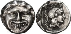 Ancient Greek Coins Pamphylia, Aspendus Obol. ; Pamphylia, Aspendus Obol; c. 420-360 BC, Obol, 0.83g. SNG Cop-249, SNG Paris-28ff, SNG Aulock-4500. Obv: Gorgoneion. Rx: Head of Athena r.. EF