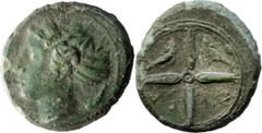 Ancient Greek Coins Sicily, Syracuse. AE Tetras; Sicily, Syracuse; c. 405 BC, Tetras, 2.97g. SNG ANS-411. Obv: Head of Arethusa l., dolphin behind. Rx: SY - PA and two dolphins in a wheel of four spok