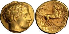 Ancient Coins Macedonia, Philip II. Stater; Macedonia, Philip II; Lifetime, c. 340-328 BC, Stater, 8.52g. Le Rider-Group II 47 D19/R39. Obv: Laureate head of Apollo r. Rx: Biga of horses galloping r.;