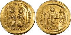 Ancient Coins Justin I and Justinian I. Solidus; Justin I and Justinian I; 4 April-1 August 527 AD. Constantinople, Solidus, 4.14g. MIB-2a, cf. BM-3. Obv: D N IVSTIN ET IVSTINIAN PP AVC The two empero
