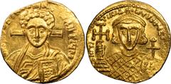 Ancient Coins Justinian II. Solidus; Justinian II; Second Reign, 705-711 AD. Constantinople, Solidus, 4.34g. Berk-200, MIB-1, DO-1, Sear-1413. Obv: [D N IhS ChS REX] - RE[GN]ANTIUM Bust of Christ faci