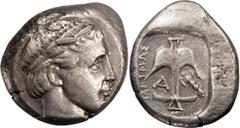 Ancient Coins Danubian District, Apollonia Pontica. Tetradrachm; Danubian District, Apollonia Pontica; c. 350 BC, Tetradrachm, 16.63g. Types of SNG BM-164, but different magistrate. Obv: Head of Apoll