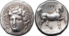 Ancient Coins Thessaly, Larissa. Stater; Thessaly, Larissa; 385-350 BC, Stater, 12.10g. BCD-302 (same dies). Obv: Three-quarter facing head of the Nymph Larissa. Rx: ???? above, [S]??O? below, bridled