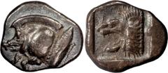 Ancient Coins Mysia, Cyzicus. Alexandria Diobol; Mysia, Cyzicus; c. 450-400 BC, Diobol, 1.21g. SNG Paris-361, BM-108. Obv: Forepart of running boar l.; behind, tunny upwards. Rx: Head of lion l. with 