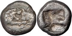 Ancient Coins Lydia, Croesus. 1/12 Silver Stater; Lydia, Croesus; 560-546 BC, 1/12 Stater, 0.84g. Berk-27. Obv: Confronted foreparts of roaring lion and bull. Rx: Incuse.. VG