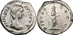 Ancient Coins Plautilla. Denarius; Plautilla; Rome, 203-4 AD, Denarius, 3.44g. BM-423 (coiffure var.), C-16, RIC-367. Obv: PLAVTILLA - AVGVSTA Bust draped r., hair braids on neck. Rx: PIETAS - AVGG Pi