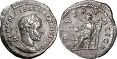 Ancient Coins Macrinus. Denarius; Macrinus; 217-218 AD, Rome, 217 AD, Denarius, 2.20g. BM-26, RSC-116a, RIC-86. Obv: IMP C M OPEL SEV MACRINVS AVG Bust laureate, cuirassed r., seen from front, with sh