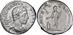 Ancient Coins Elagabalus . Denarius; Elagabalus ; 218-222 AD, Rome, 222 AD, Denarius, 3.39g. BM-269, RSC-213c (citing BM), Eauze-252 (2 spec.). Obv: IMP ANTONINVS - PIVS AVG Bust laureate, draped r., 