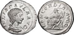 Ancient Coins Julia Paula. Denarius; Julia Paula; Auxiliary Mint, Denarius, 3.33g. BM-321, C-16, RIC-216. Obv: IVLIA PAVLA AVG Bust draped r. Rx: CONCORDIA - AVGG Concordia seated l. on curule chair, 