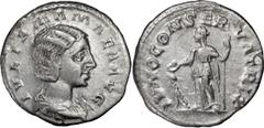 Ancient Coins Julia Mamaea. Denarius; Julia Mamaea; Rome, 222-4 AD, Denarius, 2.91g. BM-43, C-35, RIC-343. Obv: IVLIA MAMAEA AVG Bust draped r. Rx: IVNO CONS - ER - VATRIX Juno standing l. holding pat