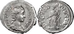 Ancient Coins Julia Mamaea. Denarius; Julia Mamaea; Mother of Severus Alexander, Denarius, Rome, 229-230 AD, 3.26g. BM-917, C-5. Rx: FECVND - AVGVSTAE Fecunditas standing l. extending hand to child st