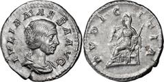 Ancient Coins Julia Maesa. Denarius; Julia Maesa; Rome, 221-2 AD, Denarius, 2.67g. BM-76, C-36, RIC-268. Obv: IVLIA MAESA AVG Bust draped r. Rx: PVDIC - ITIA Pudicitia seated l. drawing veil over head