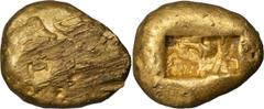Ancient Gold Lydia, Croesus. ; Lydia, Croesus; 561-546 BC, Heavy Prototype Stater, 10.72g. Berk-1; NGC Prototype Issue, VF, 4/5, 1/5. Obv: Foreparts of lion r. and bull l., face to face. Rx: Oblong pu